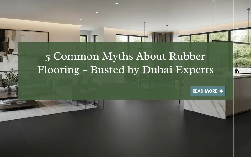 Modern room with black rubber flooring and a banner titled “5 Common Myths About Rubber Flooring.