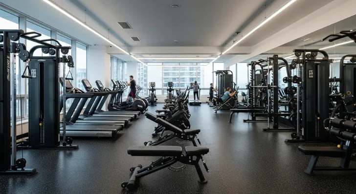 Modern gym with black speckled rubber flooring and various workout equipment.