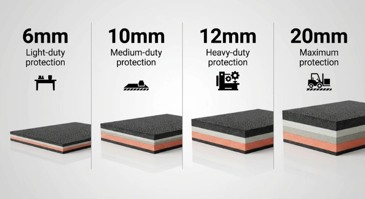 Chart comparing rubber flooring thicknesses like 6mm, 10mm, 12mm, and 20mm with their uses