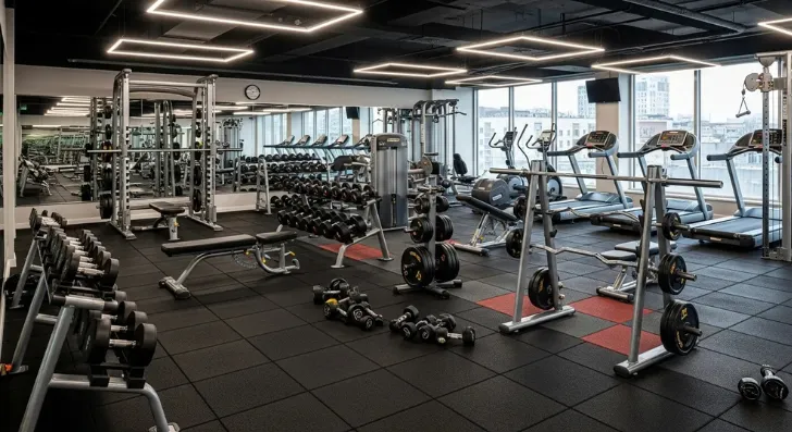 Rubber gym flooring with weights and exercise machines in Dubai fitness center.