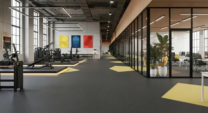 Indoor space with rubber flooring, gym equipment, and an office area.