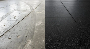 Side-by-side view of a bare concrete floor and a newly installed rubber roll flooring.