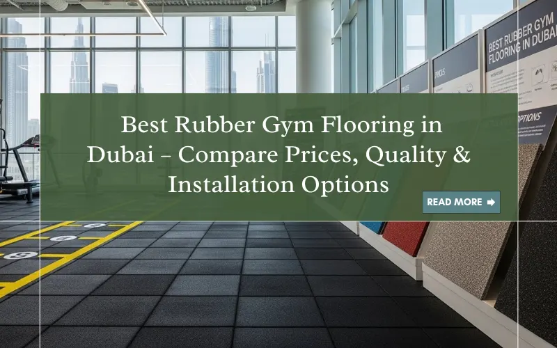 Modern gym showcasing different rubber gym flooring samples on the floor and text on the banner