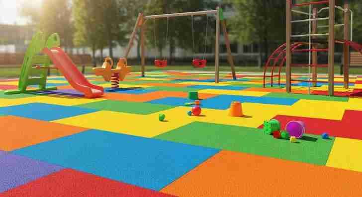 Colorful EPDM tiles in a children's play area with a slide, swings, and scattered toys.