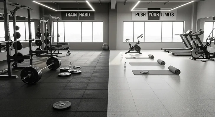 Split gym flooring: rubber tiles for weights, light mats for cardio and stretching.