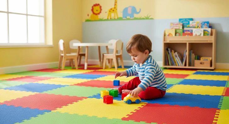 Child playing on soft rubber flooring in a nursery in the UAE.