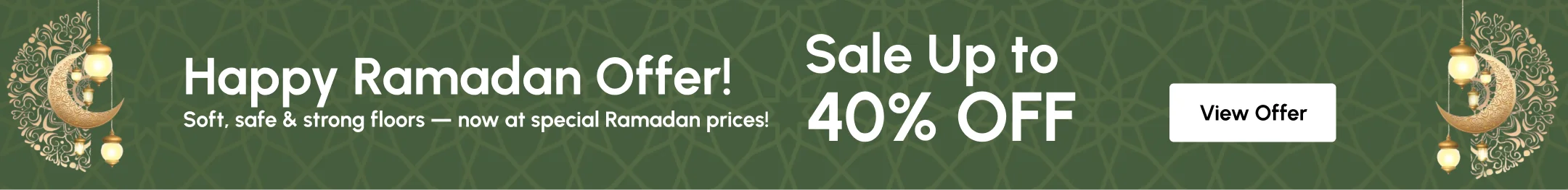 Promotional banner for Ramzan Deals on rubber flooring in Dubai featuring mosque silhouettes, crescent moon graphics, warm gold and green Islamic-themed design, and special discount offers on gym and playground rubber flooring.